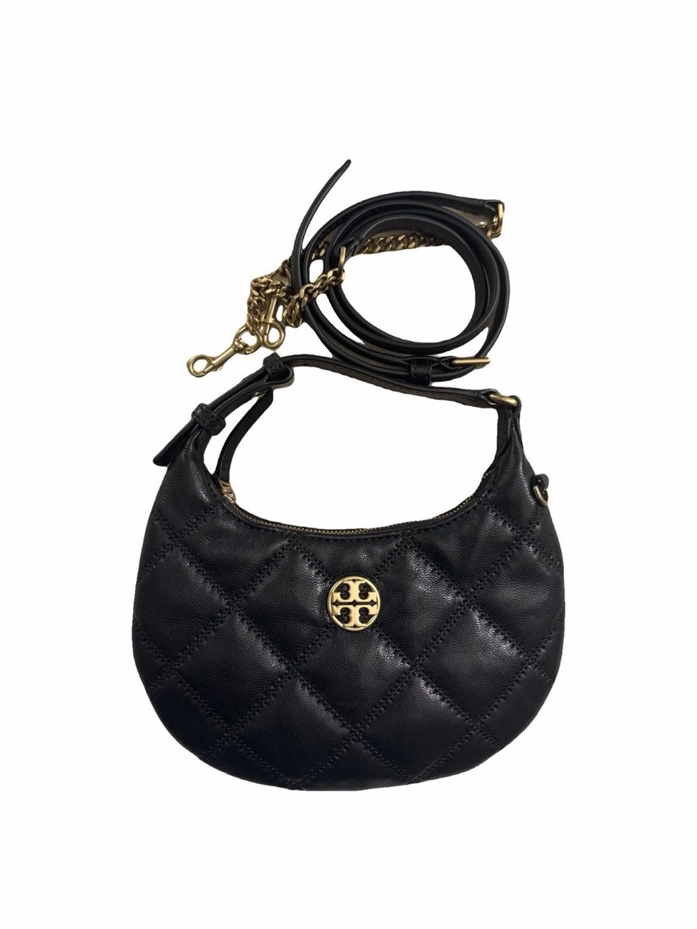 Tory Burch Black Quilted Leather Hobo with Gold Logo